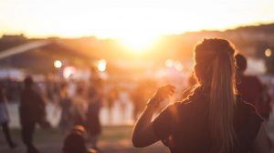 Image of people and a sunset in the background